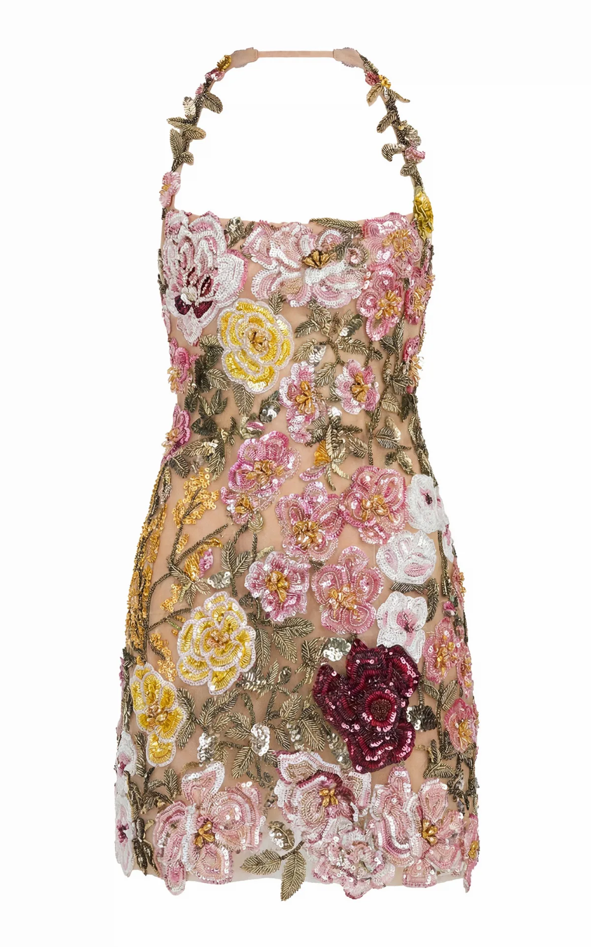 Floral-Embroidered Tulle Mini Halter Dress