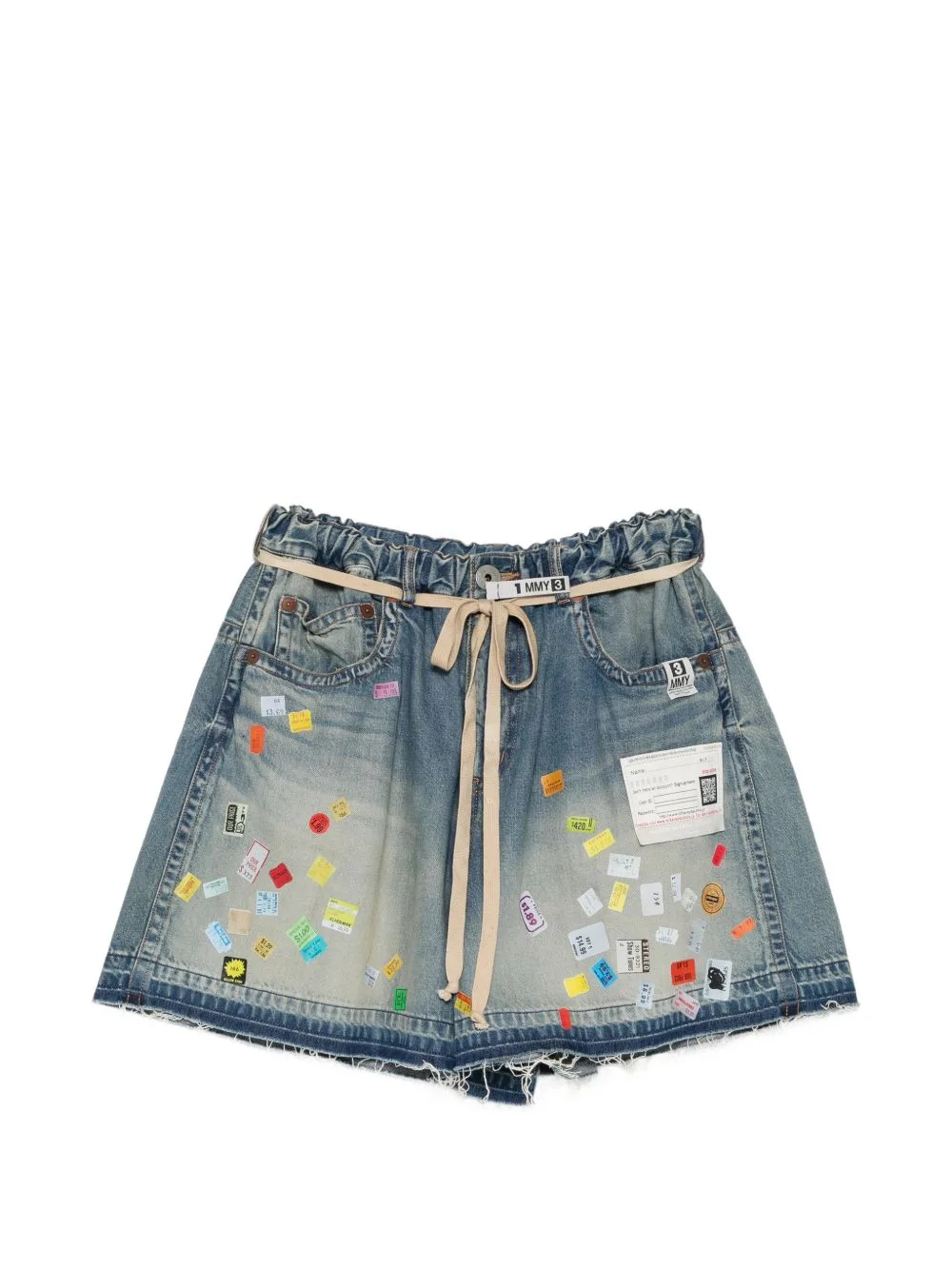 Price Tag Printed Denim Gather Shorts by Maison MIHARA YASUHIRO
