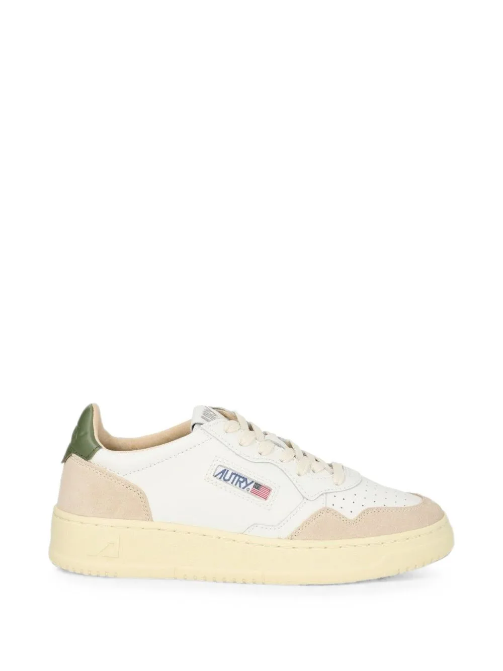 Medalist Low Sneakers in White Leather and Bronze Green Suede by Autry