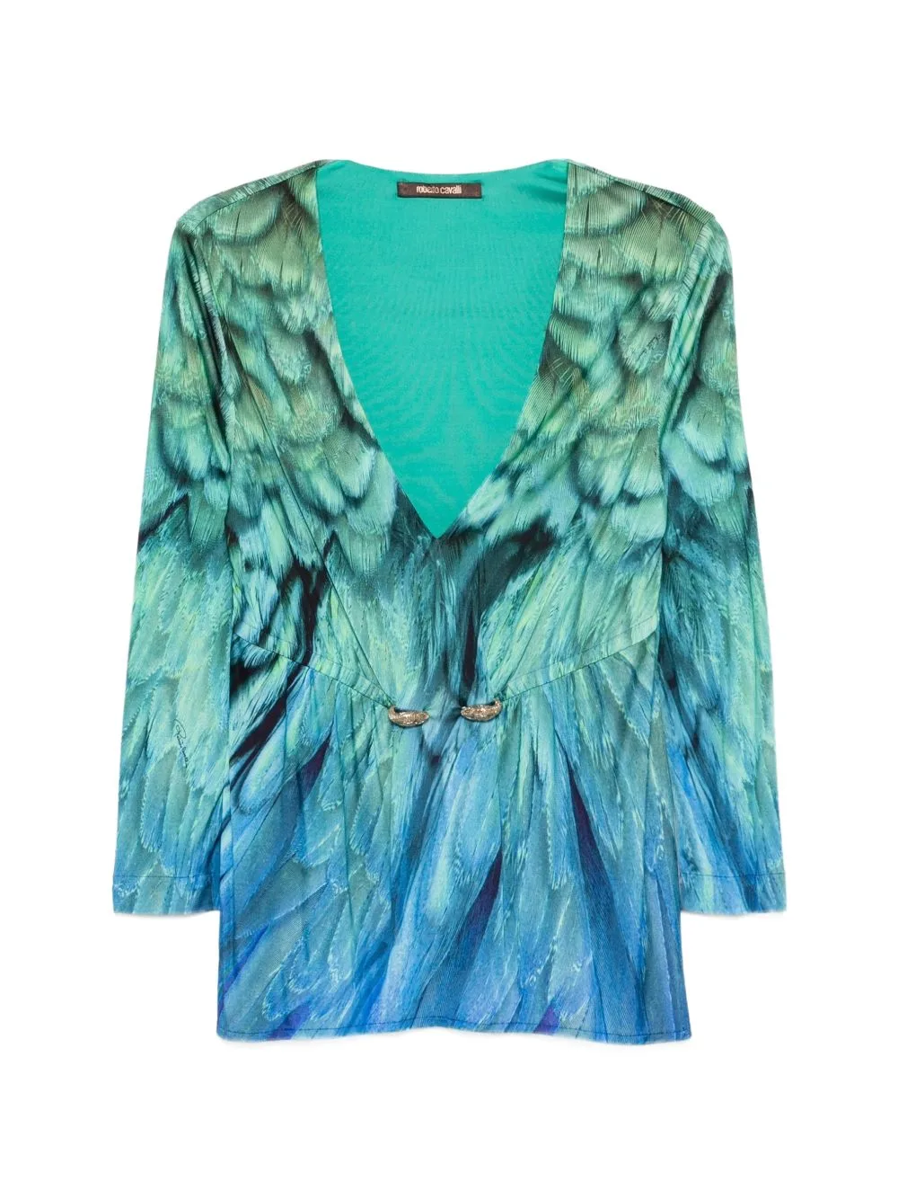 2000s Feather-Print V-Neck Top by Roberto Cavalli Vintage