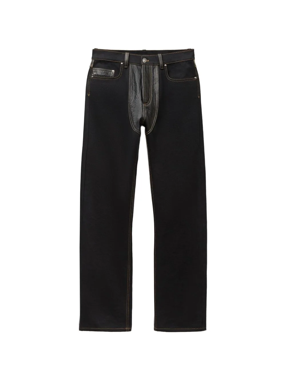 Denim & Leather Straight Jeans by Versace