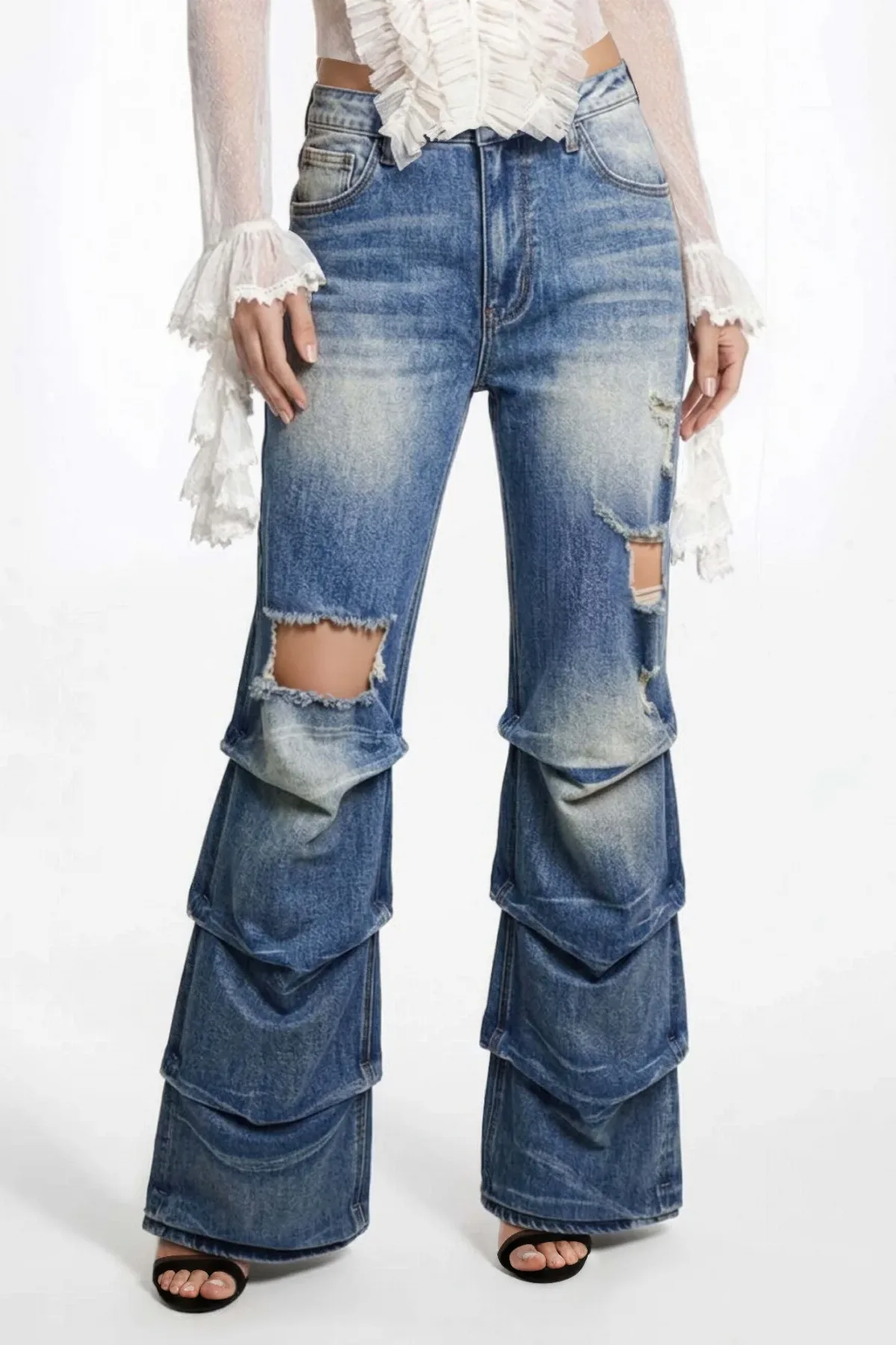 Riot Stack Destroyed Flare Jeans by TRUEDAMES
