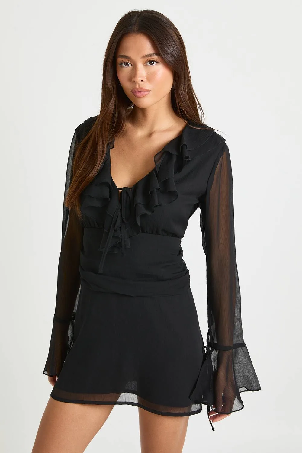 Chiffon Ruched Waist Mini Dress by boohoo
