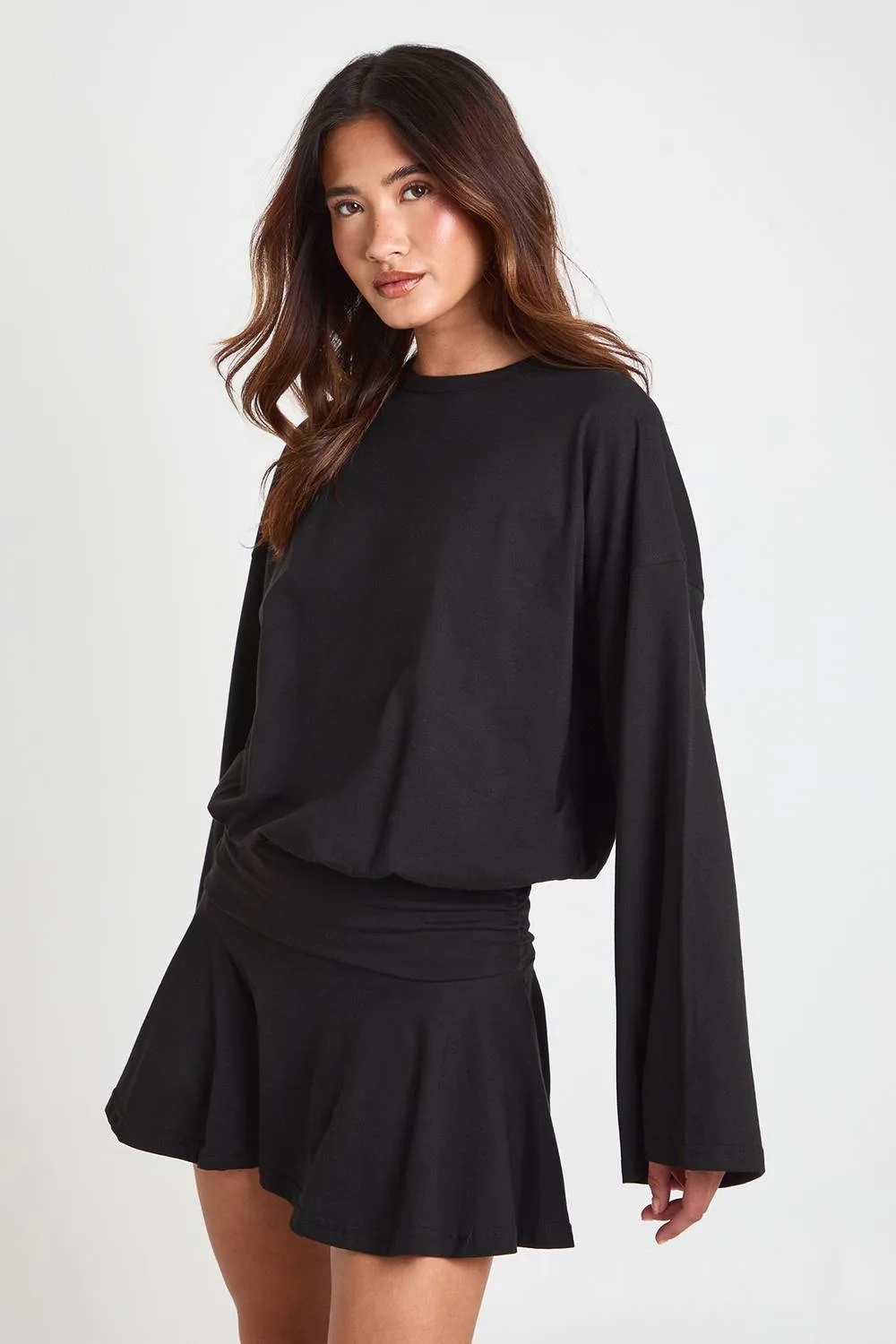 Long Sleeve Cinched Waist Skater T-Shirt Dress by boohoo