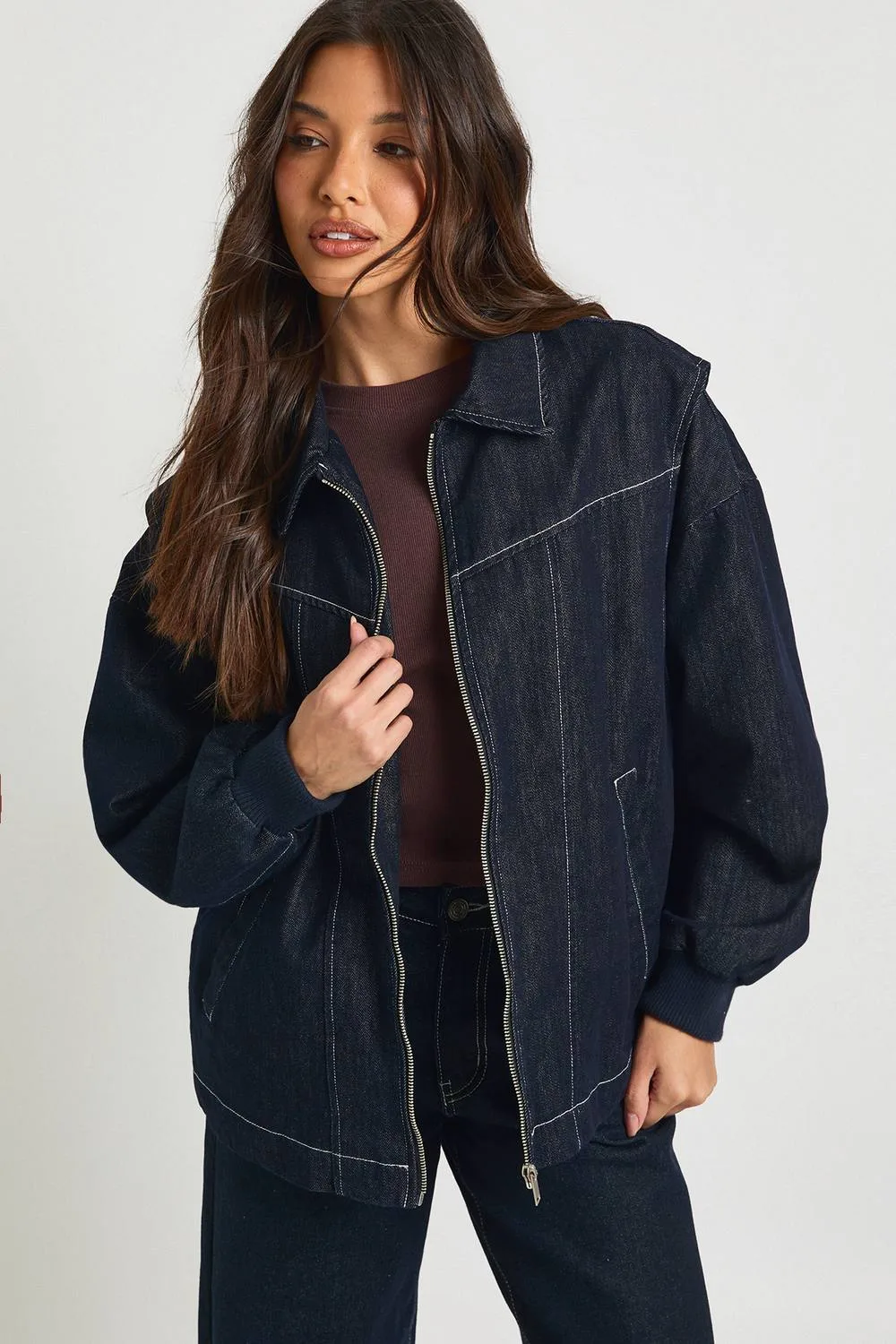 Contrast Stitch Denim Bomber Jacket by boohoo
