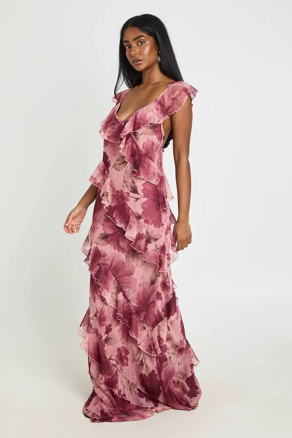 Tonal Floral Chiffon Ruffle Detail Maxi Dress