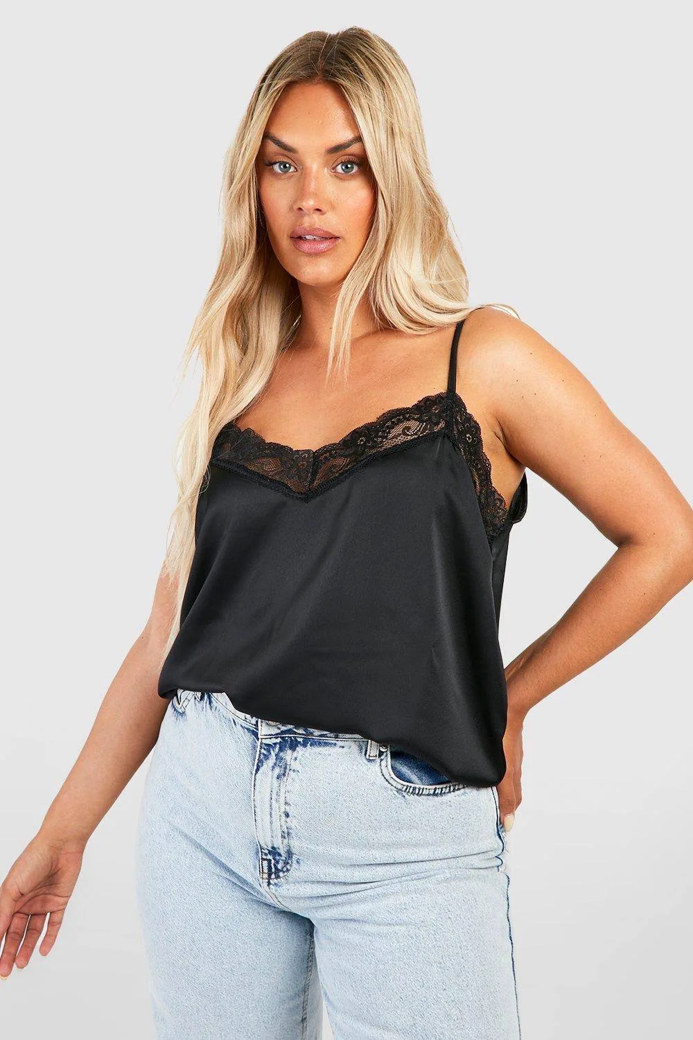 Lace Trim Satin Cami Top by boohoo