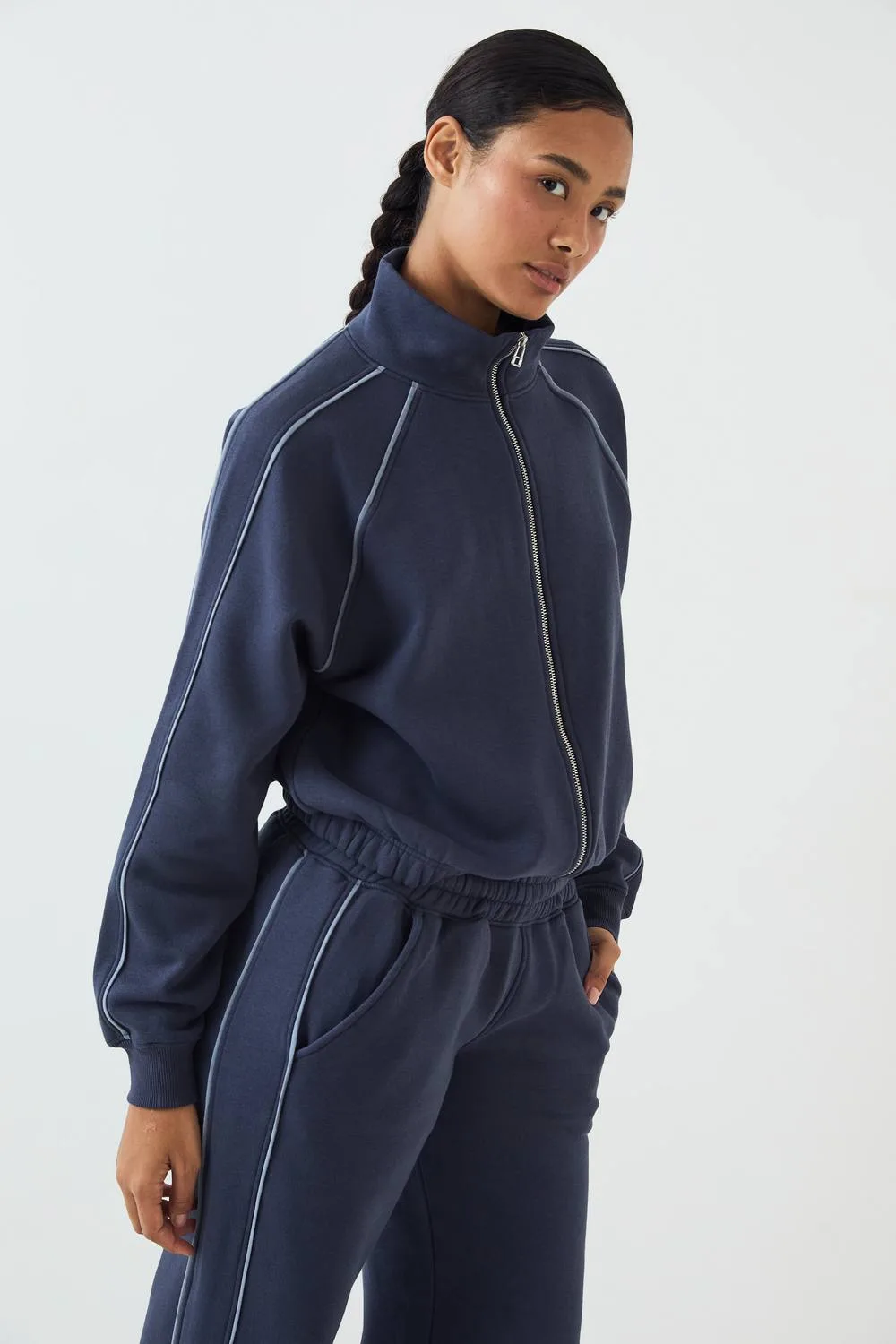 Script Piping Oversized Zip Through Bomber Sweatshirt by DSGN Studio