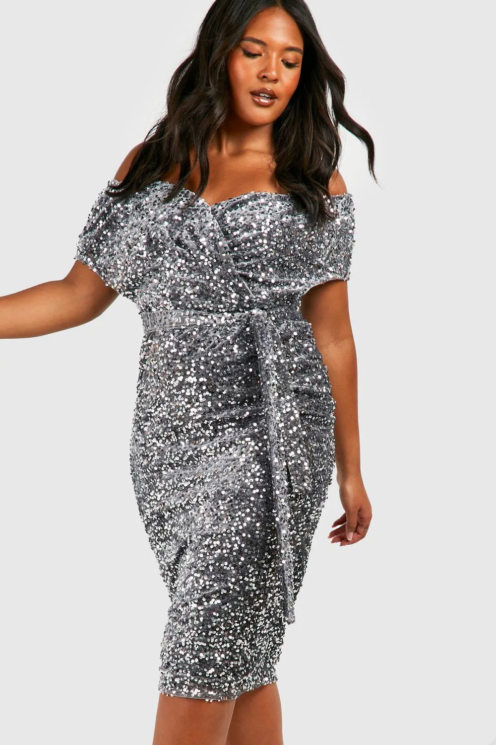 Sequin Off-The Shoulder Wrap Midi Dress