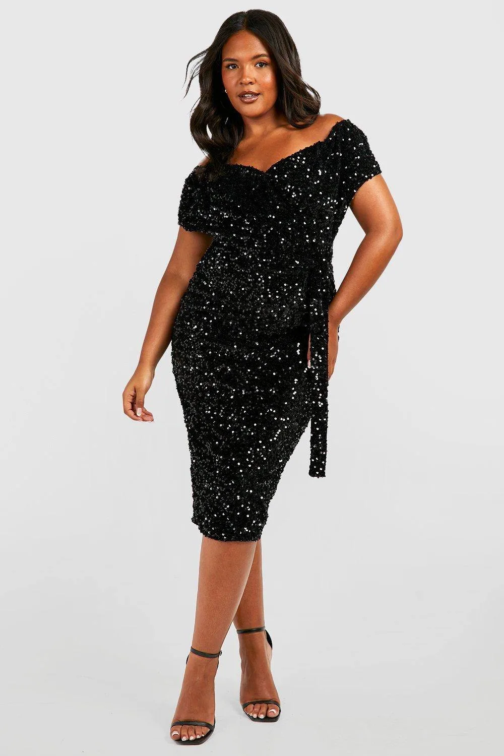Sequin Off-The Shoulder Wrap Midi Dress