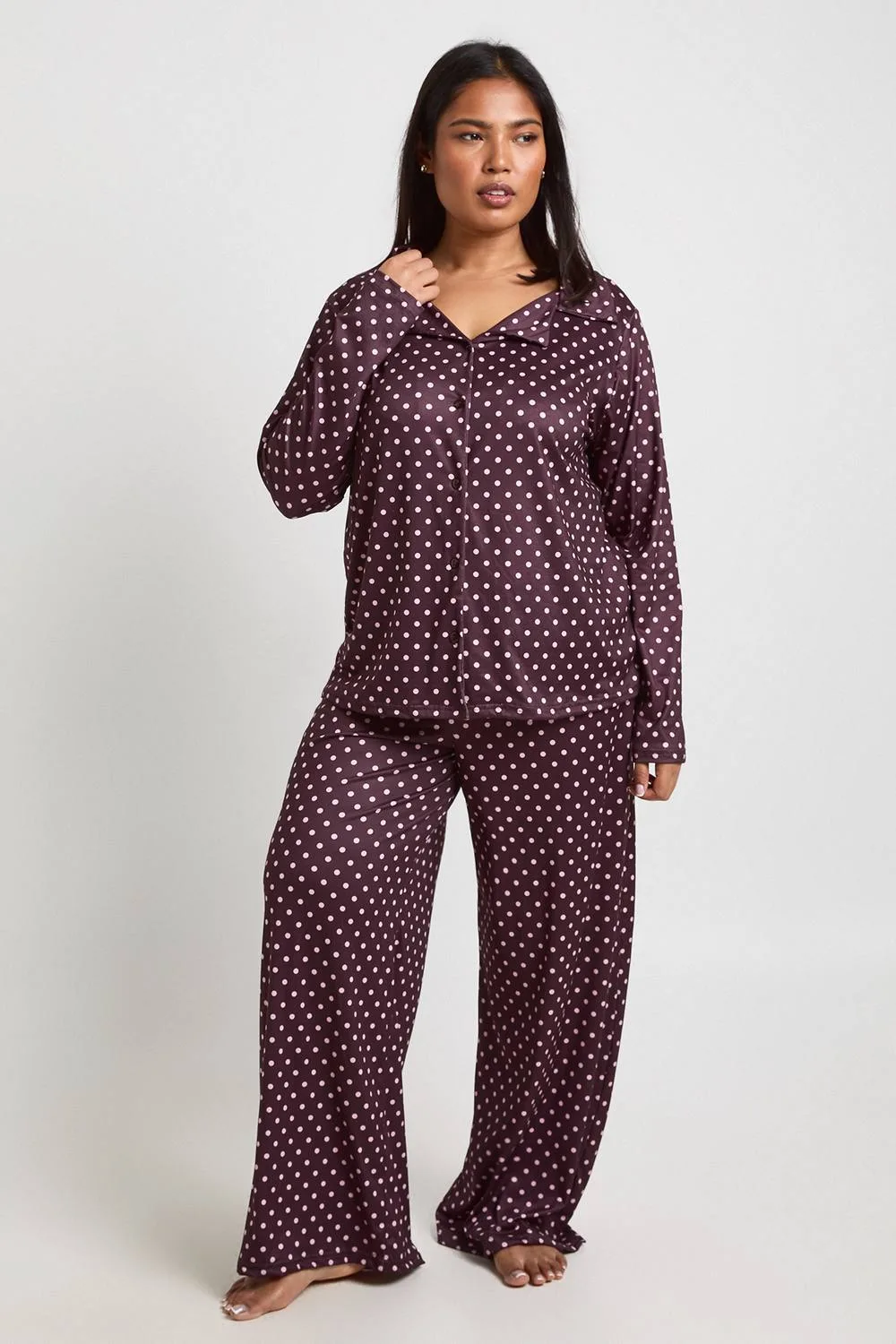 Polka Dot Print Long Sleeve Shirt & Trouser Pyjama Set by boohoo