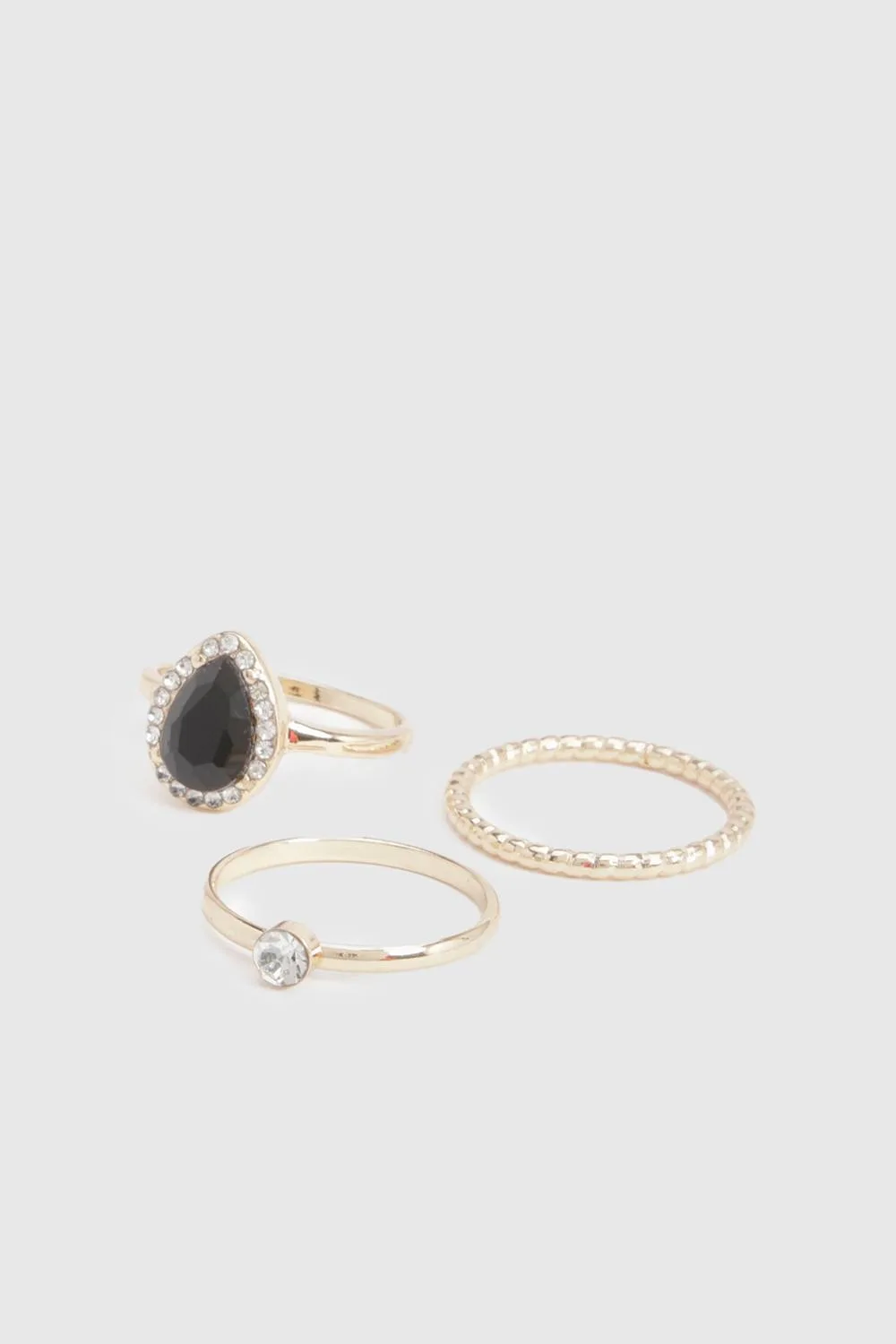 Black Embellished Stone Rings 3 Pack by boohoo