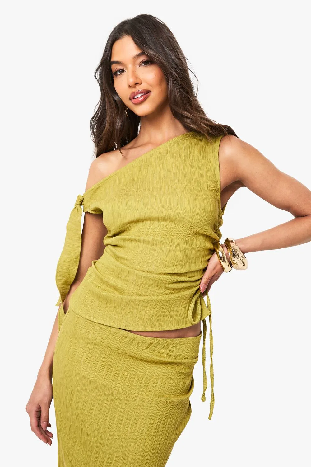 Textured Ruched Tie Top by boohoo