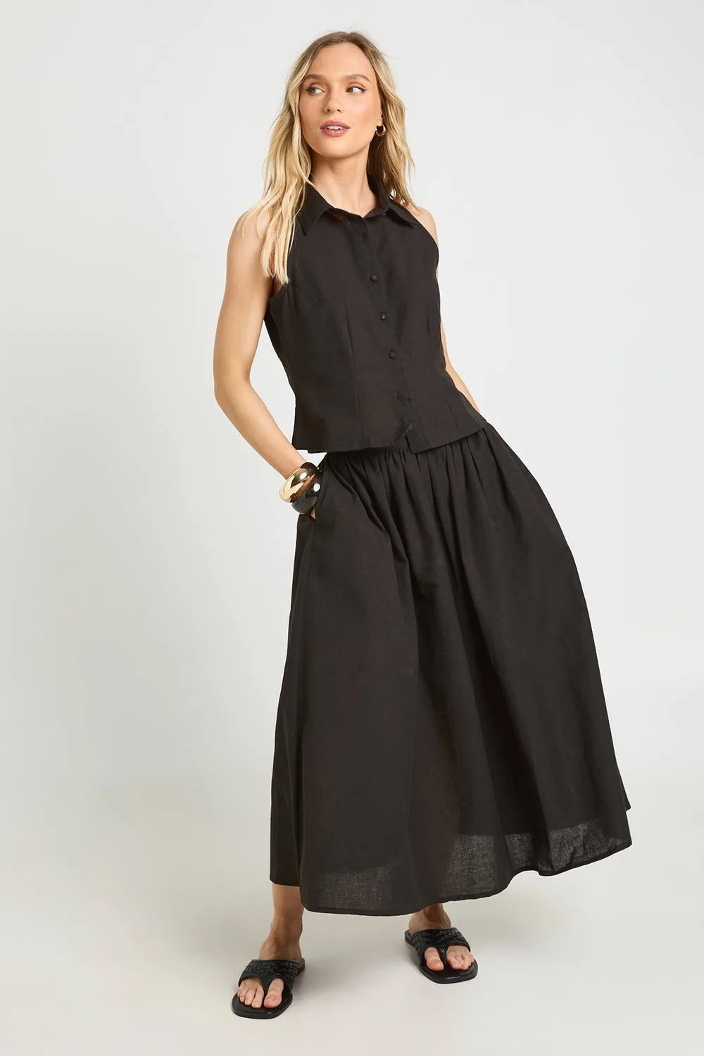 Linen Look Waistcoat & Volume Maxi Skirt Co-Ord by boohoo