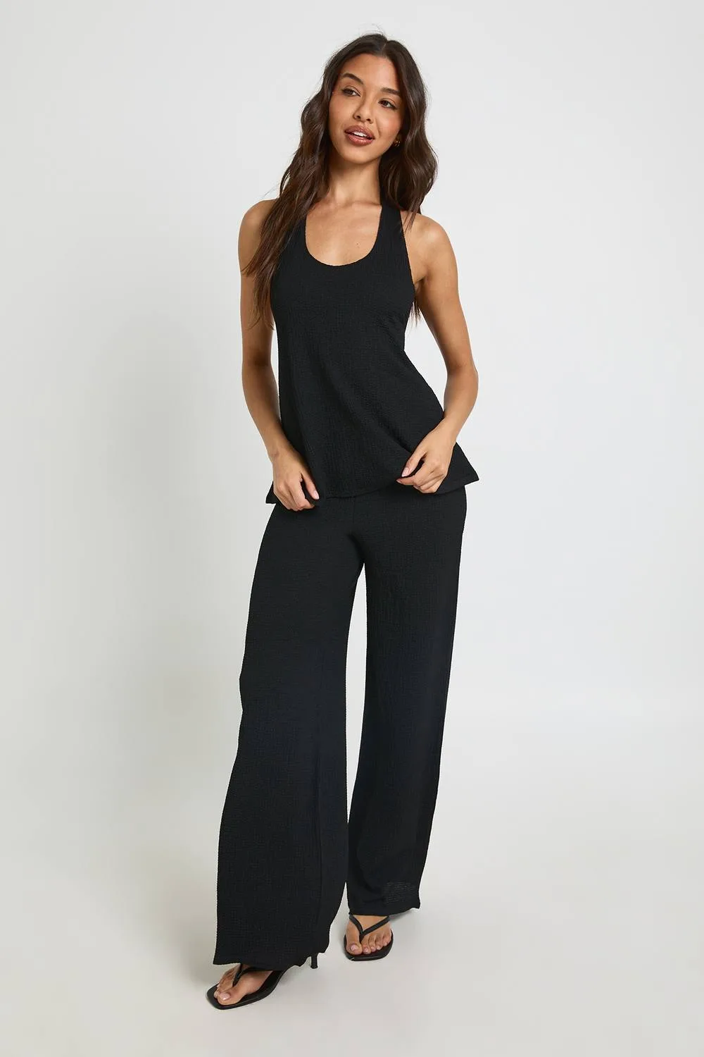 Crinkle Scoop Neck Vest Wide Leg Trouser Co Ord by boohoo