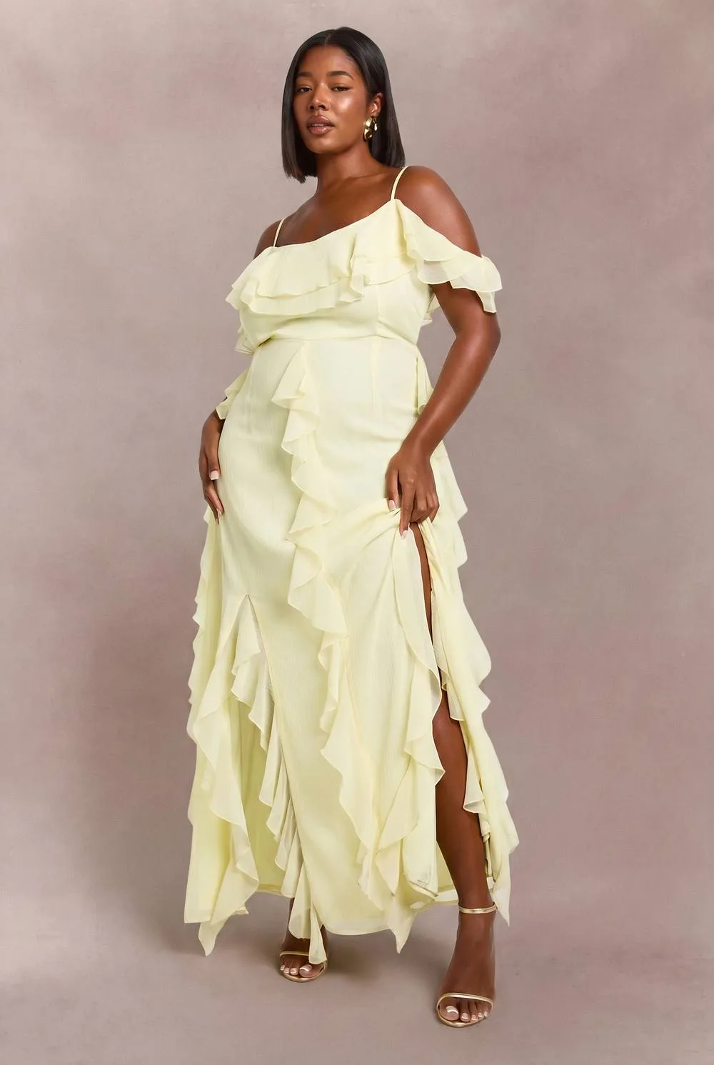 Chiffon Ruffle Cold Shoulder Maxi Dress by boohoo