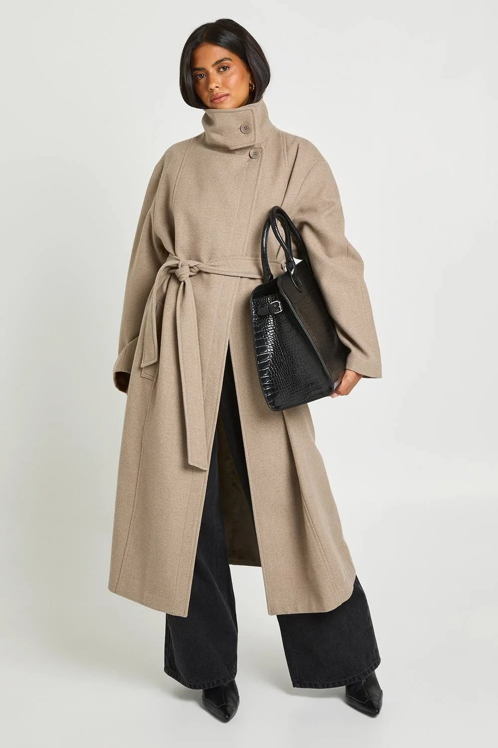Funnel Neck Belted Wool Look Coat by boohoo