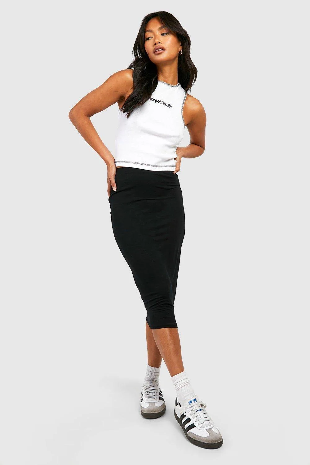 Basic Solid High Waisted Midi Skirt by boohoo
