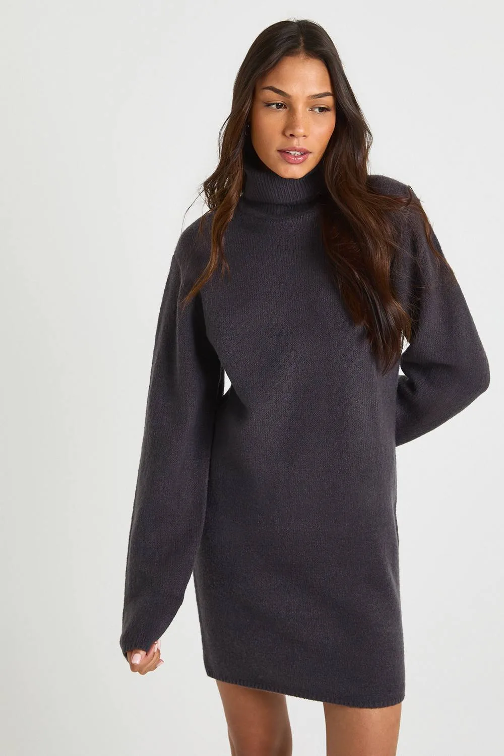 Roll Neck Chunky Knit Mini Dress by boohoo