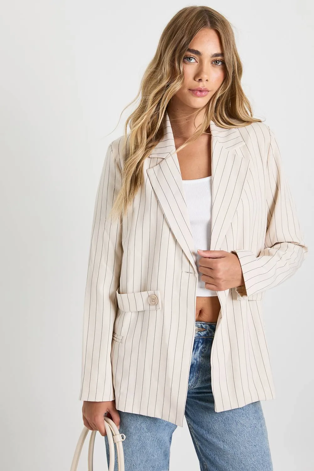 Pinstripe Button Detail Oversized Blazer by boohoo