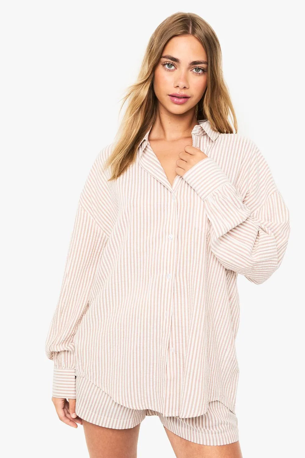 Textured Stripe Relaxed Fit Shirt - Stone by boohoo