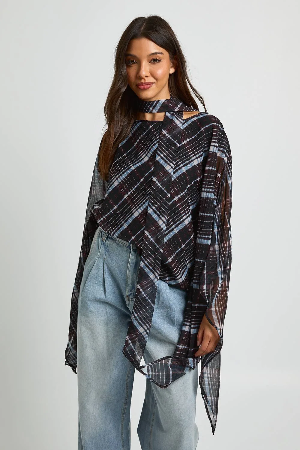 Chiffon Check Scarf Cape Blouse by boohoo