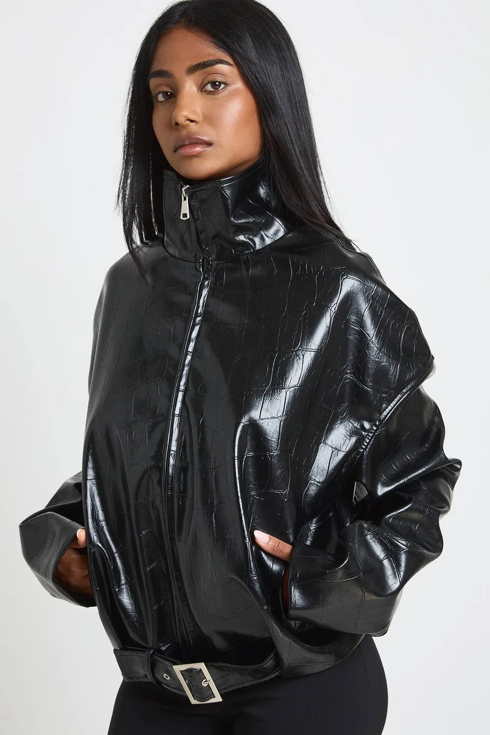 Funnel Neck Patent Faux Leather Jacket by boohoo