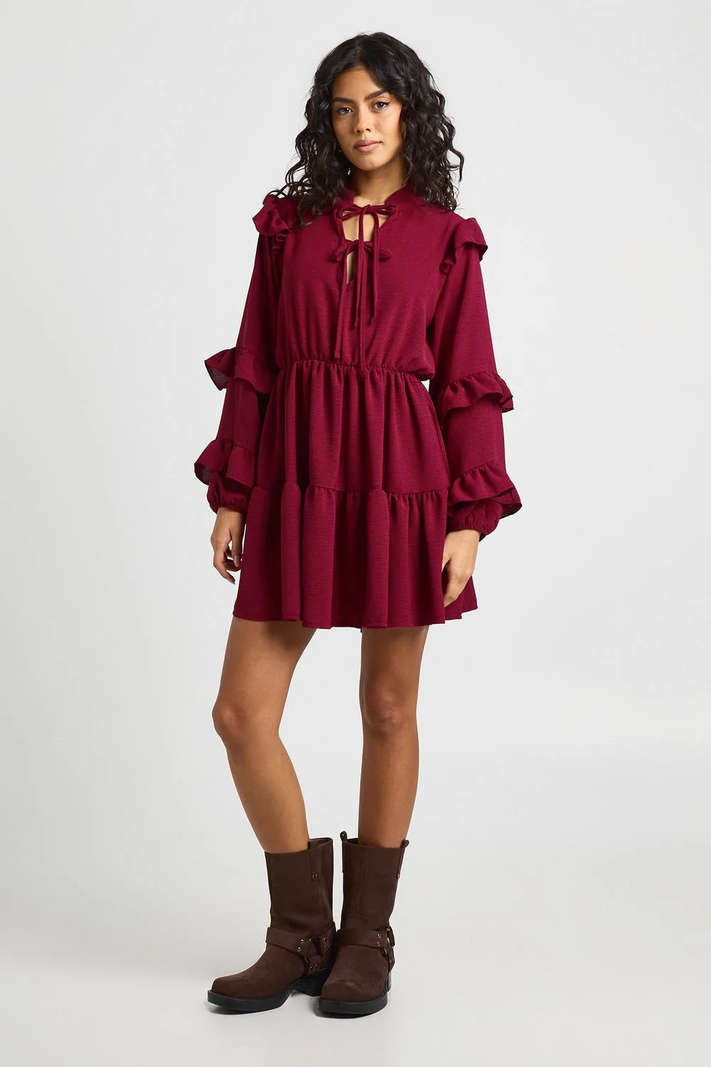 Hammered Ruffle Detail Tie Front Smock Dress by boohoo