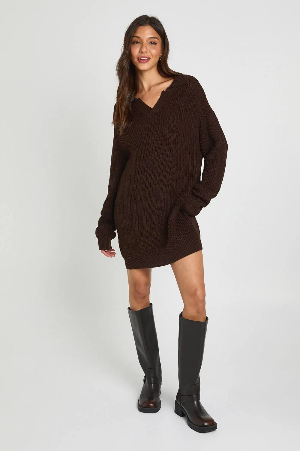 Chunky Knit Collared V Neck Jumper Dress by boohoo
