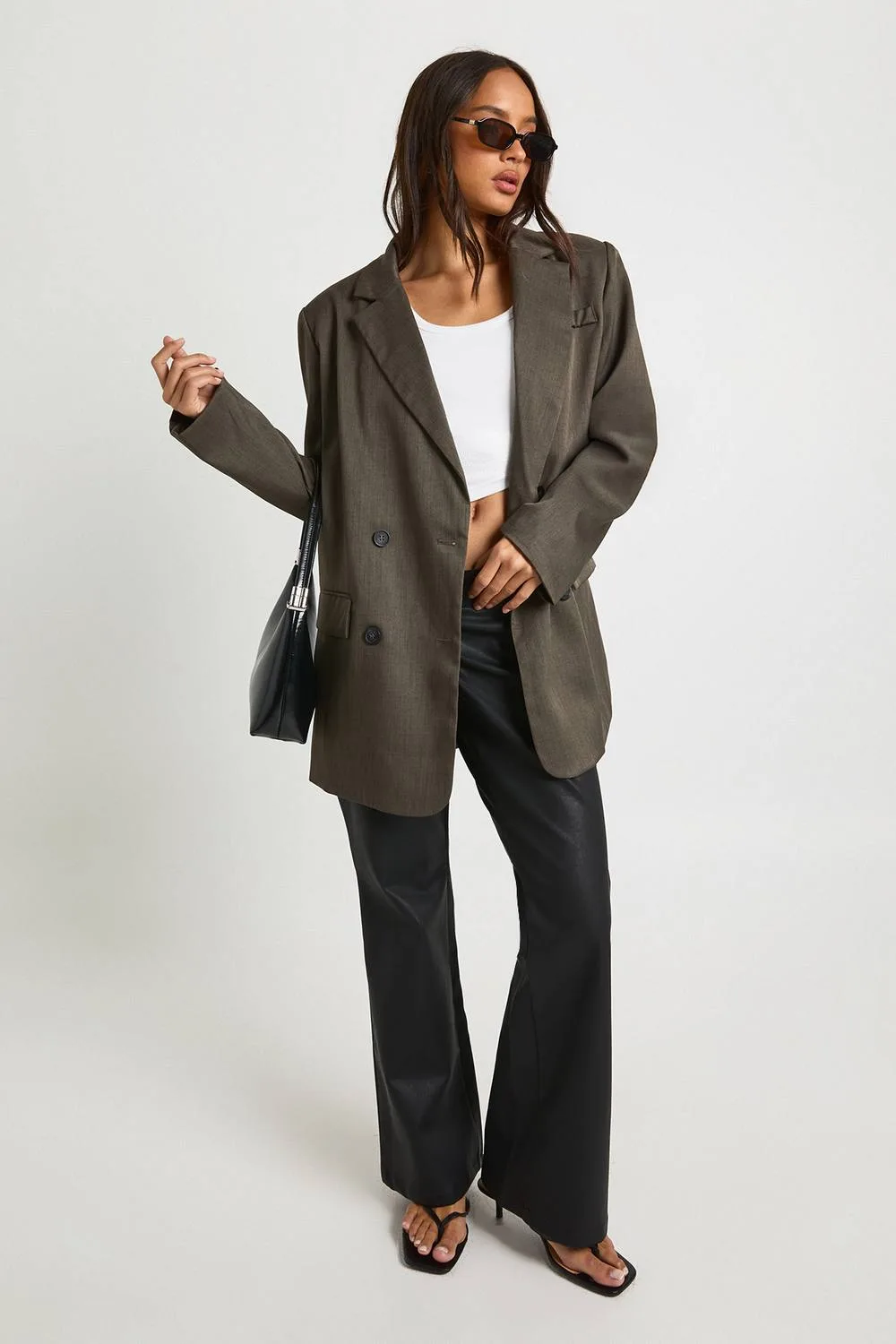 Faux Leather V Waistband Flare Trouser by boohoo