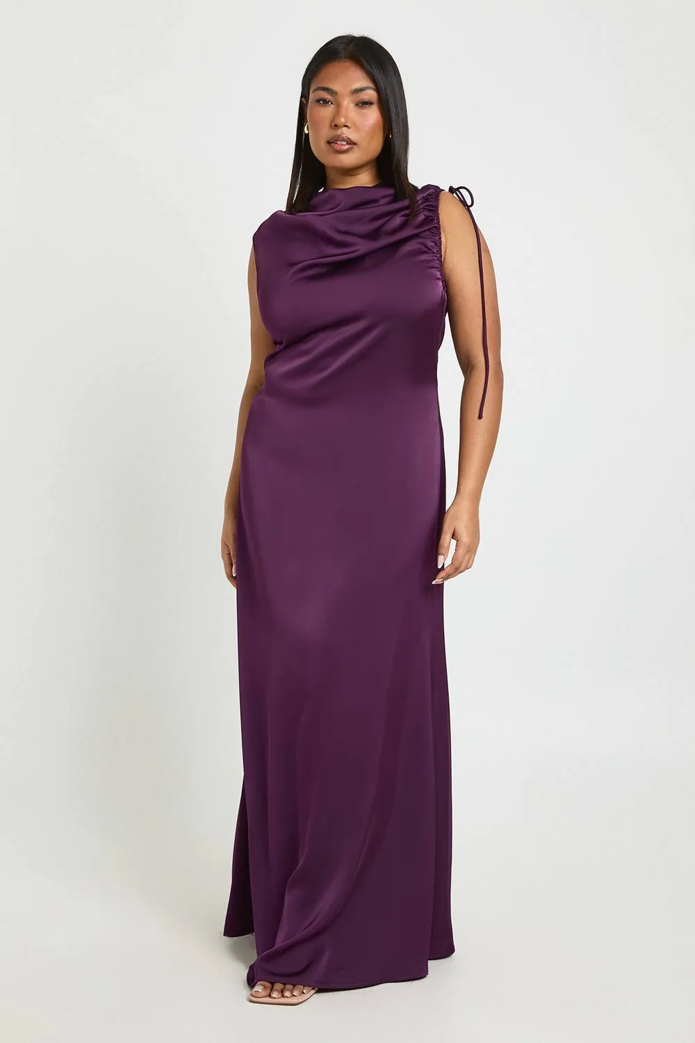 Satin Ruched Shoulder Detail Sleeveless Maxi Dress