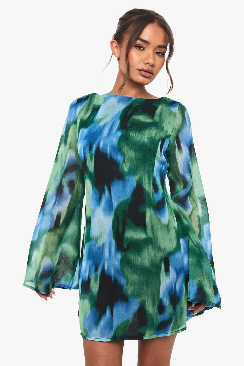 Abstract Printed Chiffon Flare Sleeve Mini Dress by boohoo