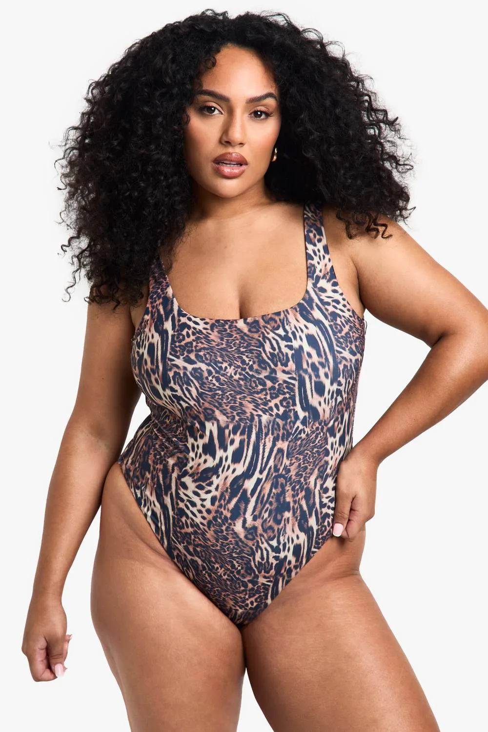 Swimwear Essentials Leopard Scoop Neck Swimsuit by boohoo