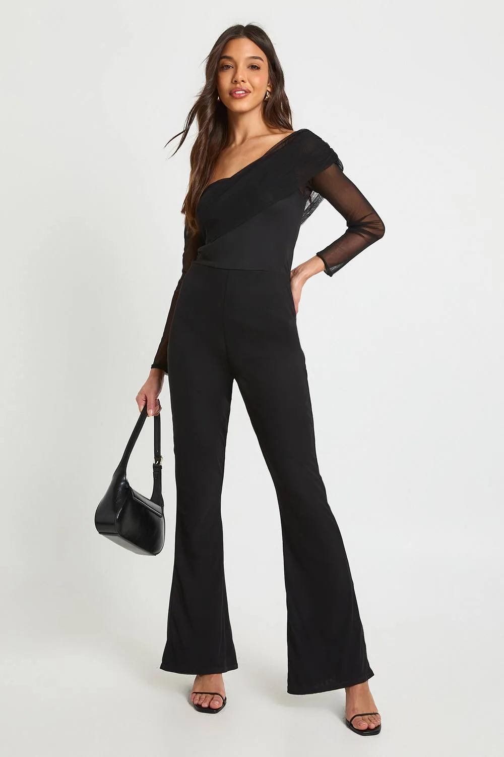 Mesh Asymmetric Bardot Jumpsuit by boohoo
