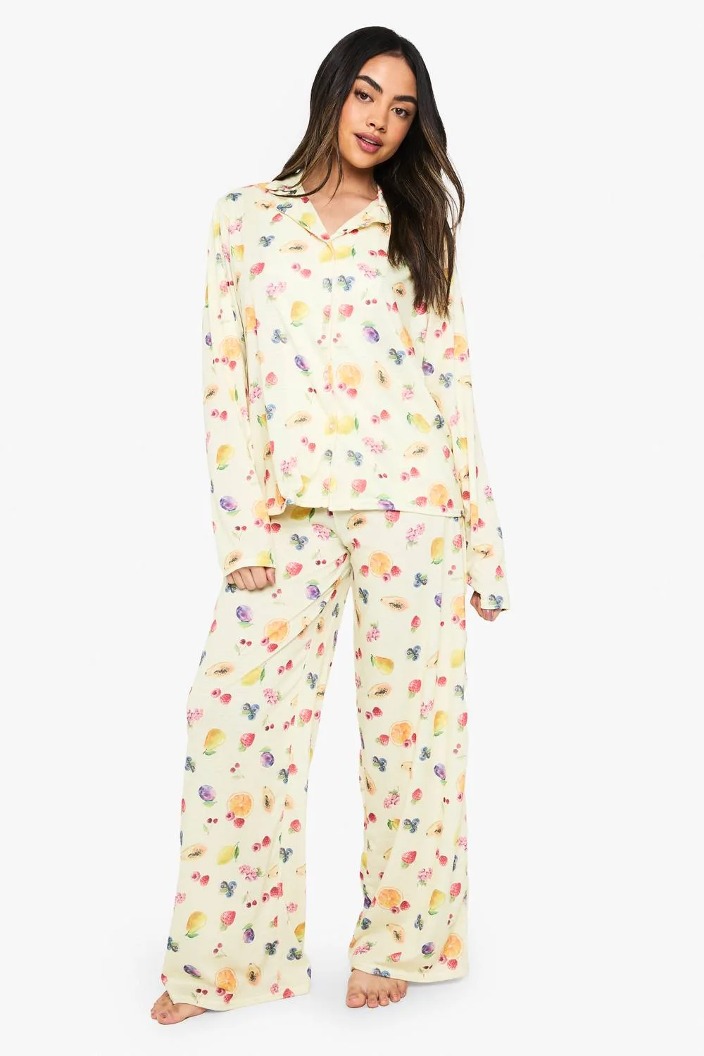 Mixed Fruit Print Long Sleeve Shirt & Trousers Pyjama Set by boohoo