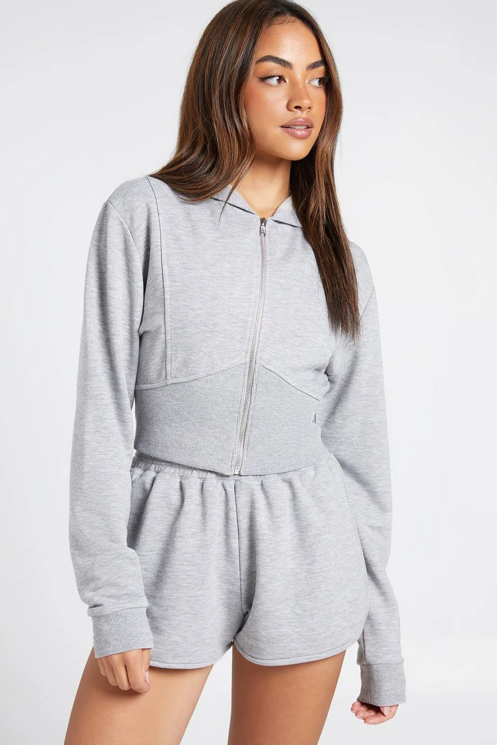 Loopback Seam Detail Zip Through Hooded Short Tracksuit by boohoo