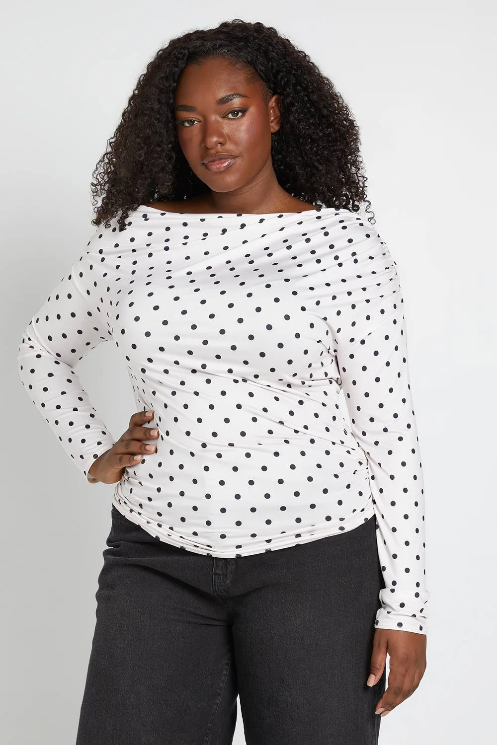 Polka Dot Off-The Shoulder Long Sleeve Top by boohoo