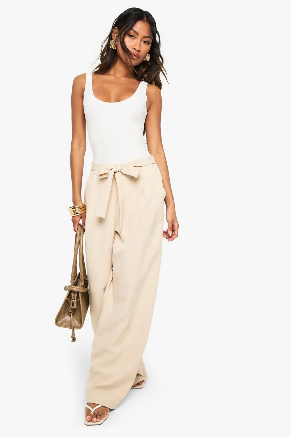 Woven Pleated Belted Wide Leg Trouser - Stone by boohoo