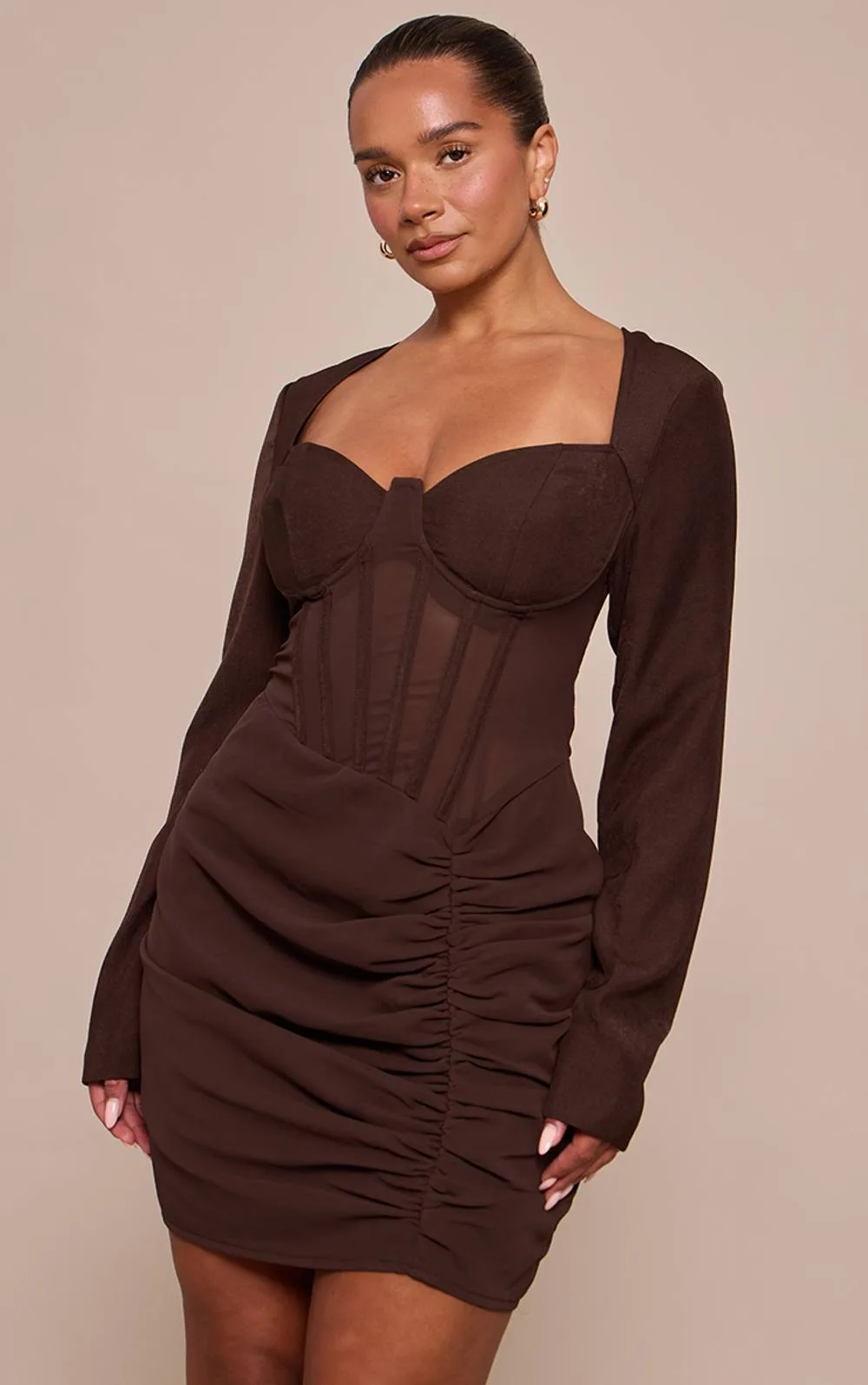 Mesh Insert Corseted Ruched Side Mini Dress
