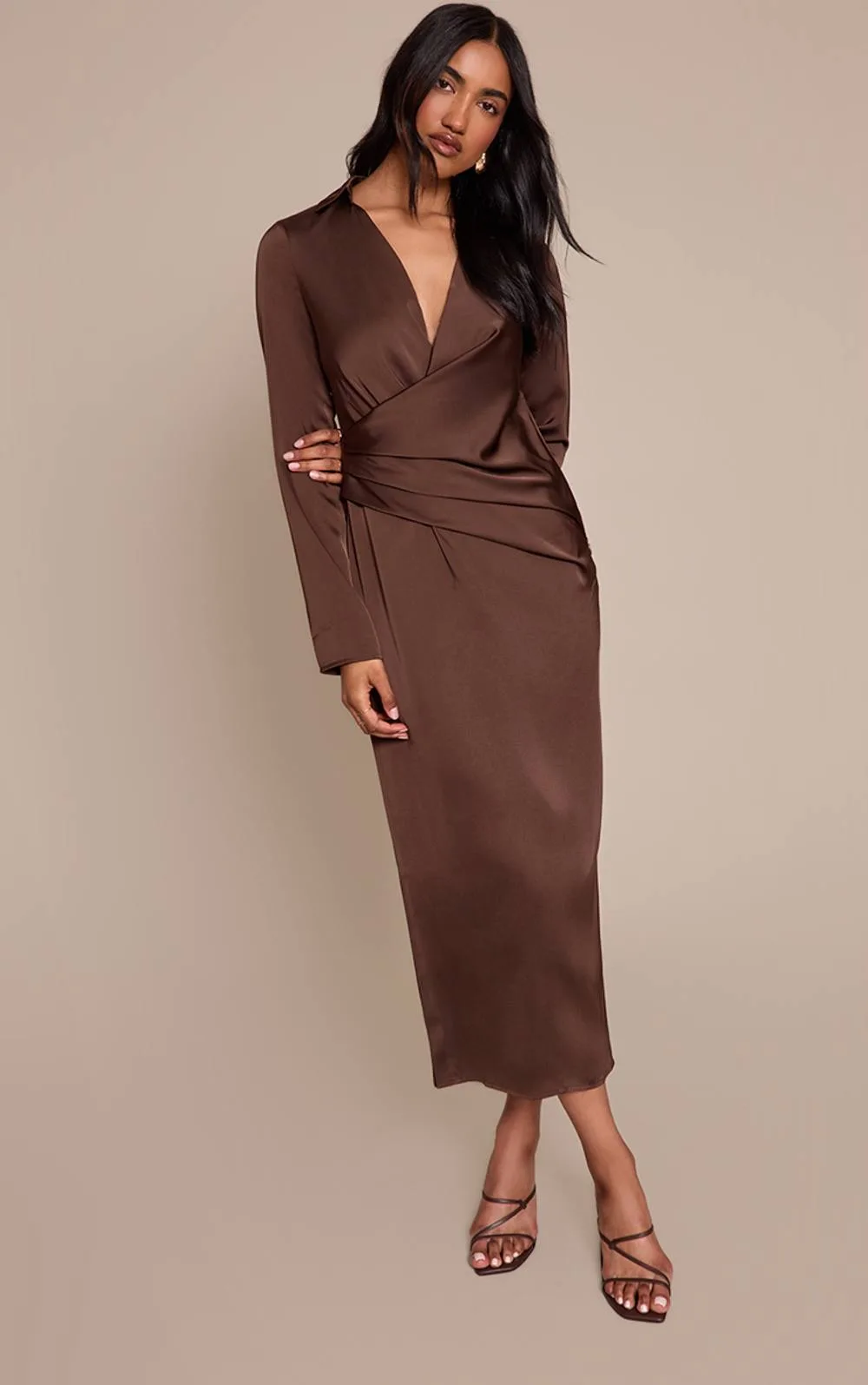 Satin Ruched Detail Long Sleeve Midaxi Dress