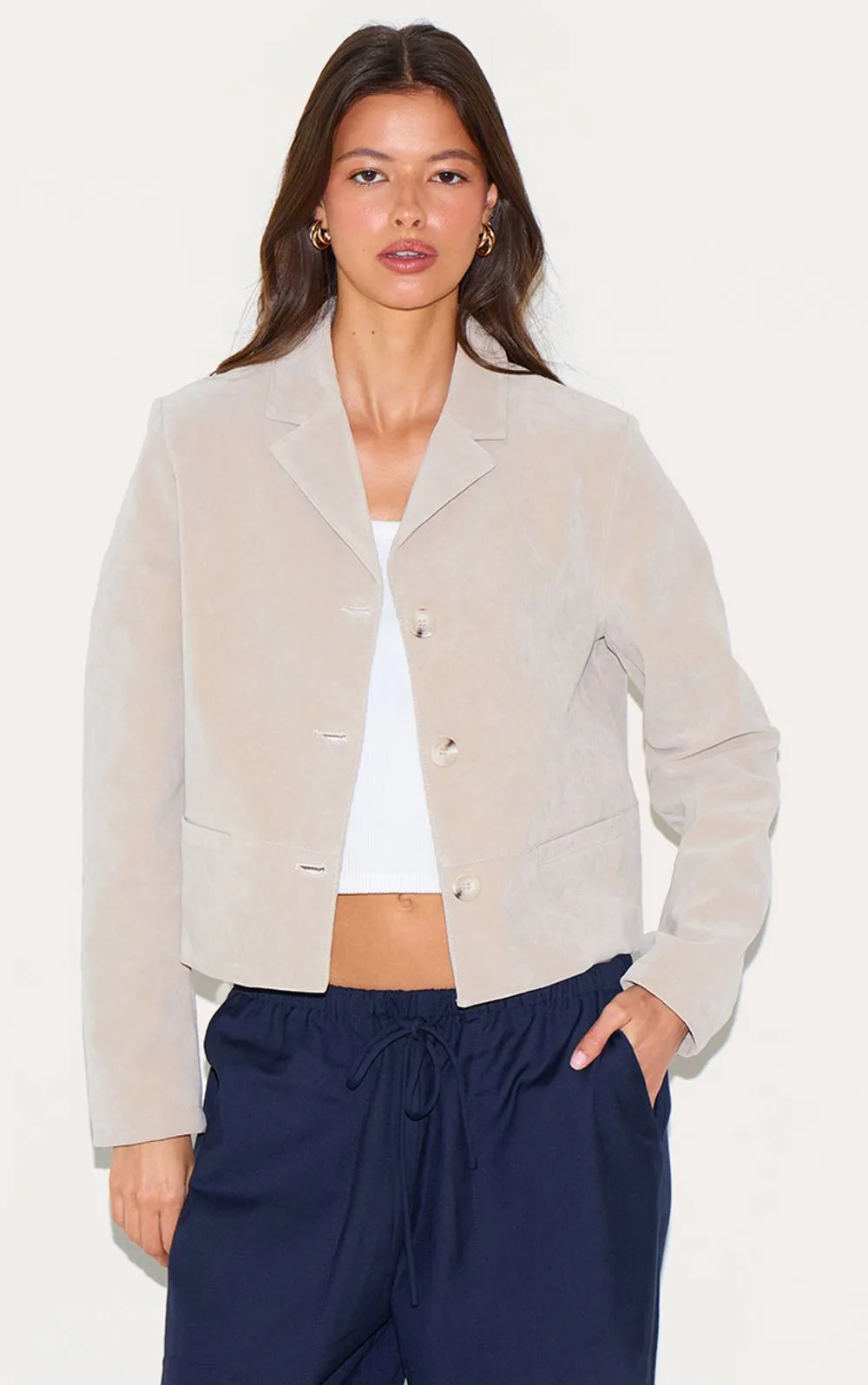 Faux Suede Cropped Blazer - Stone by PrettyLittleThing