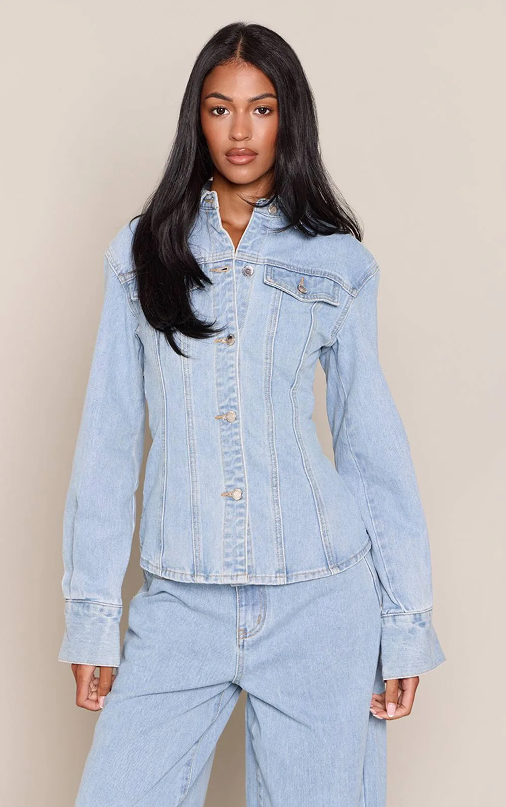 Long Sleeve Cinched Denim Shirt by PrettyLittleThing