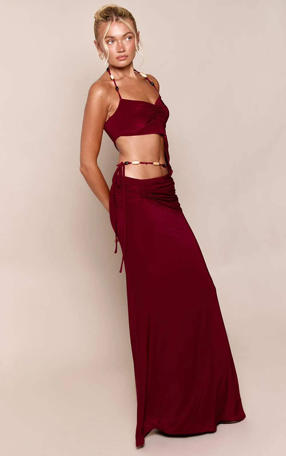 Slinky Bead Detail Ruched Waist Maxi Skirt Co-Ord by PrettyLittleThing