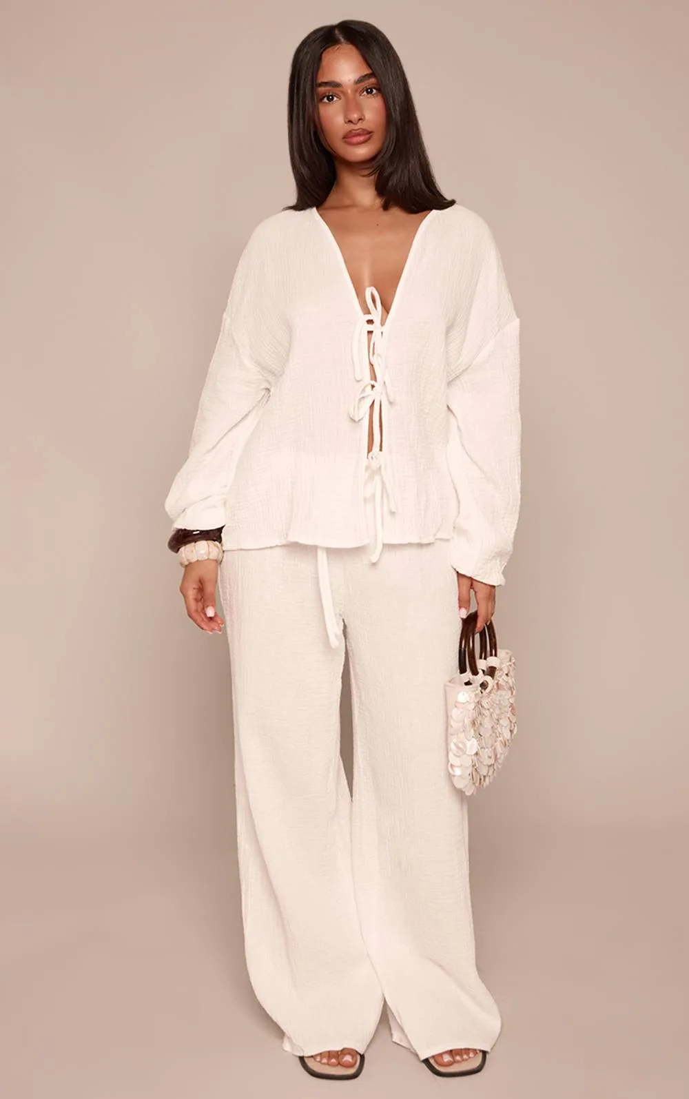 Cheesecloth Textured Wide Leg Trouser