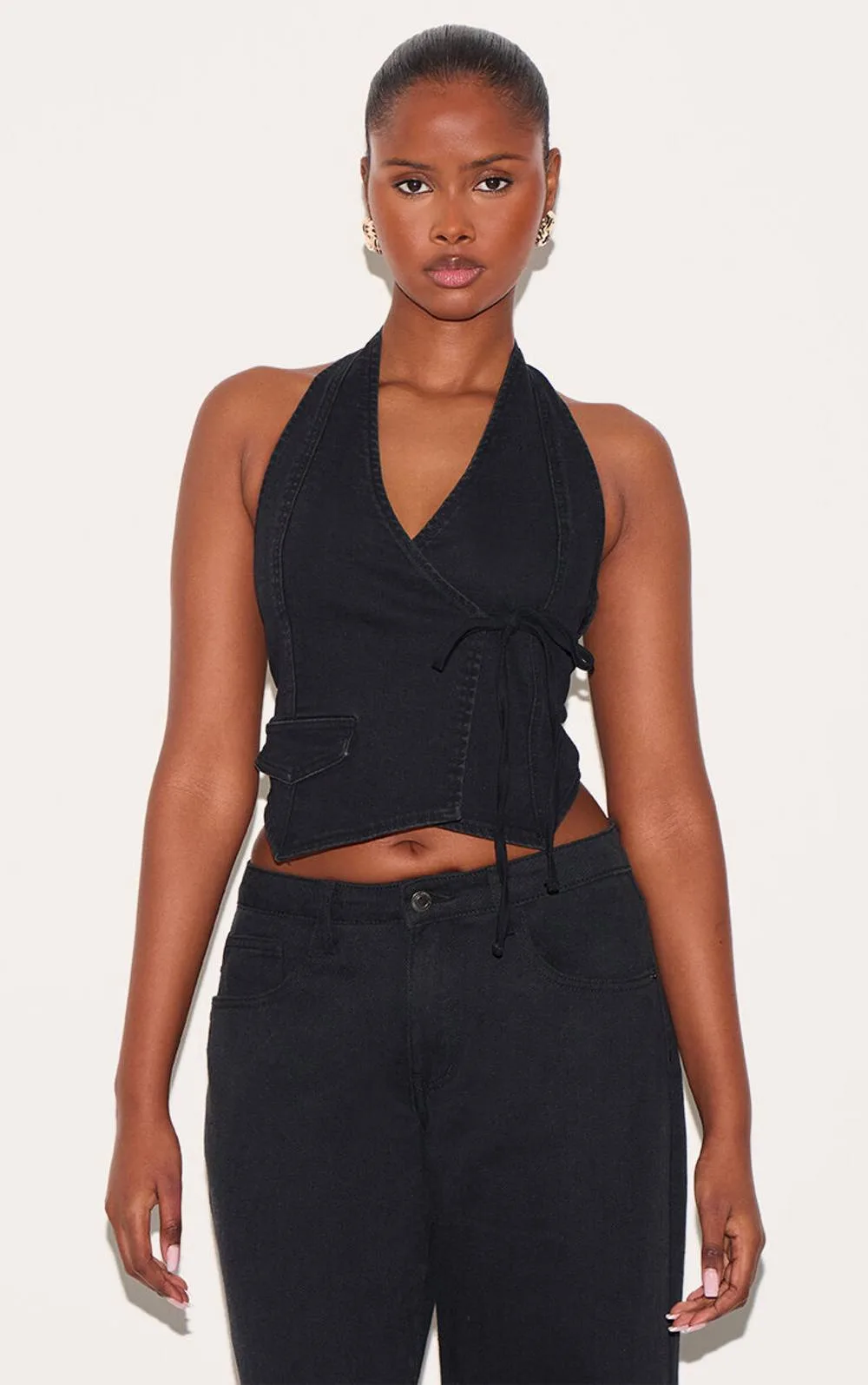Halter Neck Wrap Front Denim Waistcoat by PrettyLittleThing