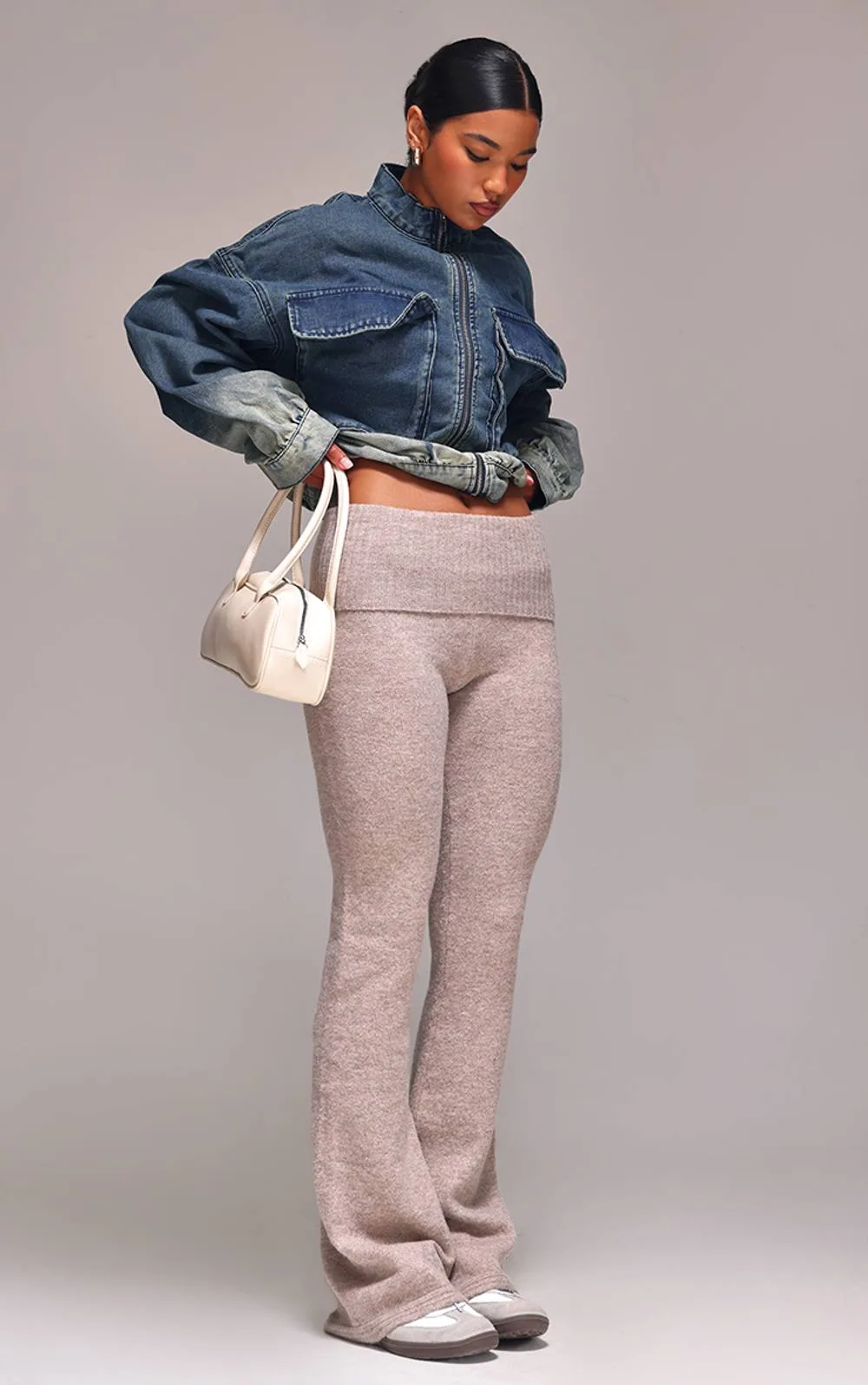 Melange Soft Knit Foldover Waist Flared Trousers by PrettyLittleThing