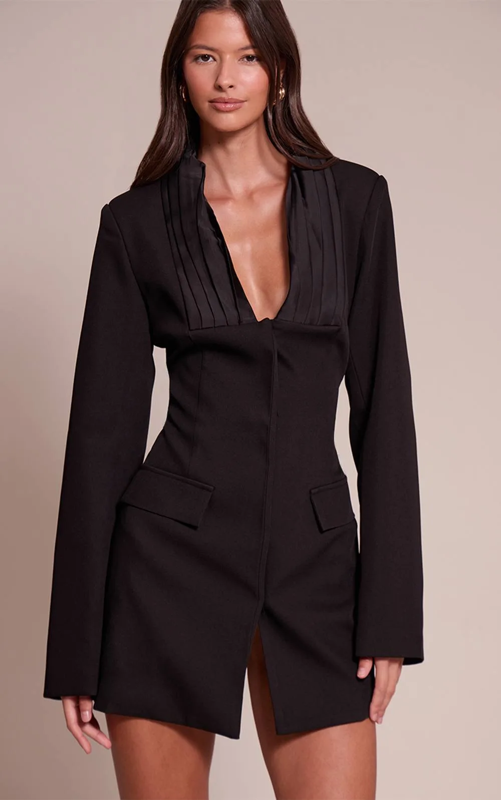 Woven Pleated Detail Blazer Dress