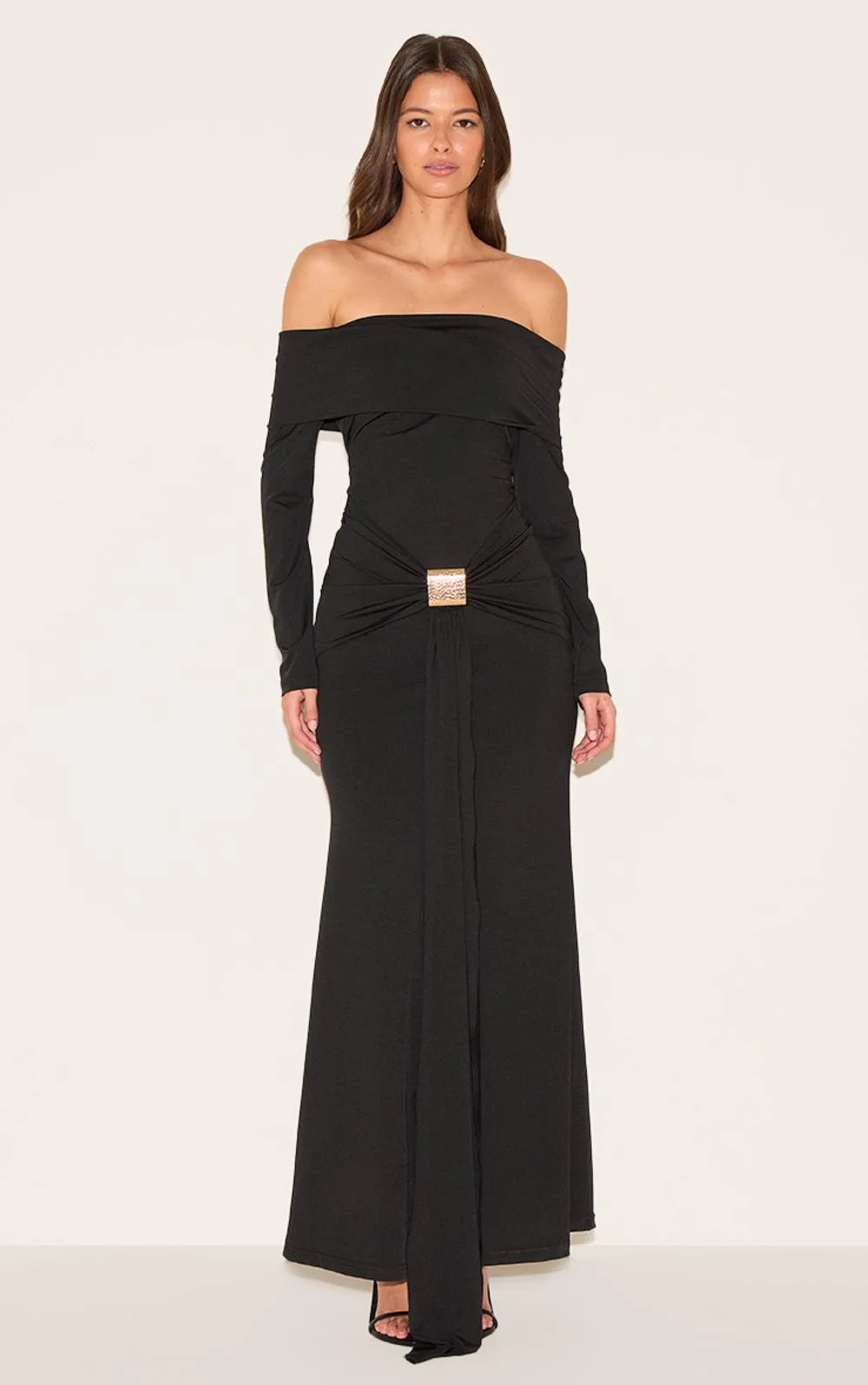 Bardot Long Sleeve Trim Drape Detail Maxi Dress by PrettyLittleThing