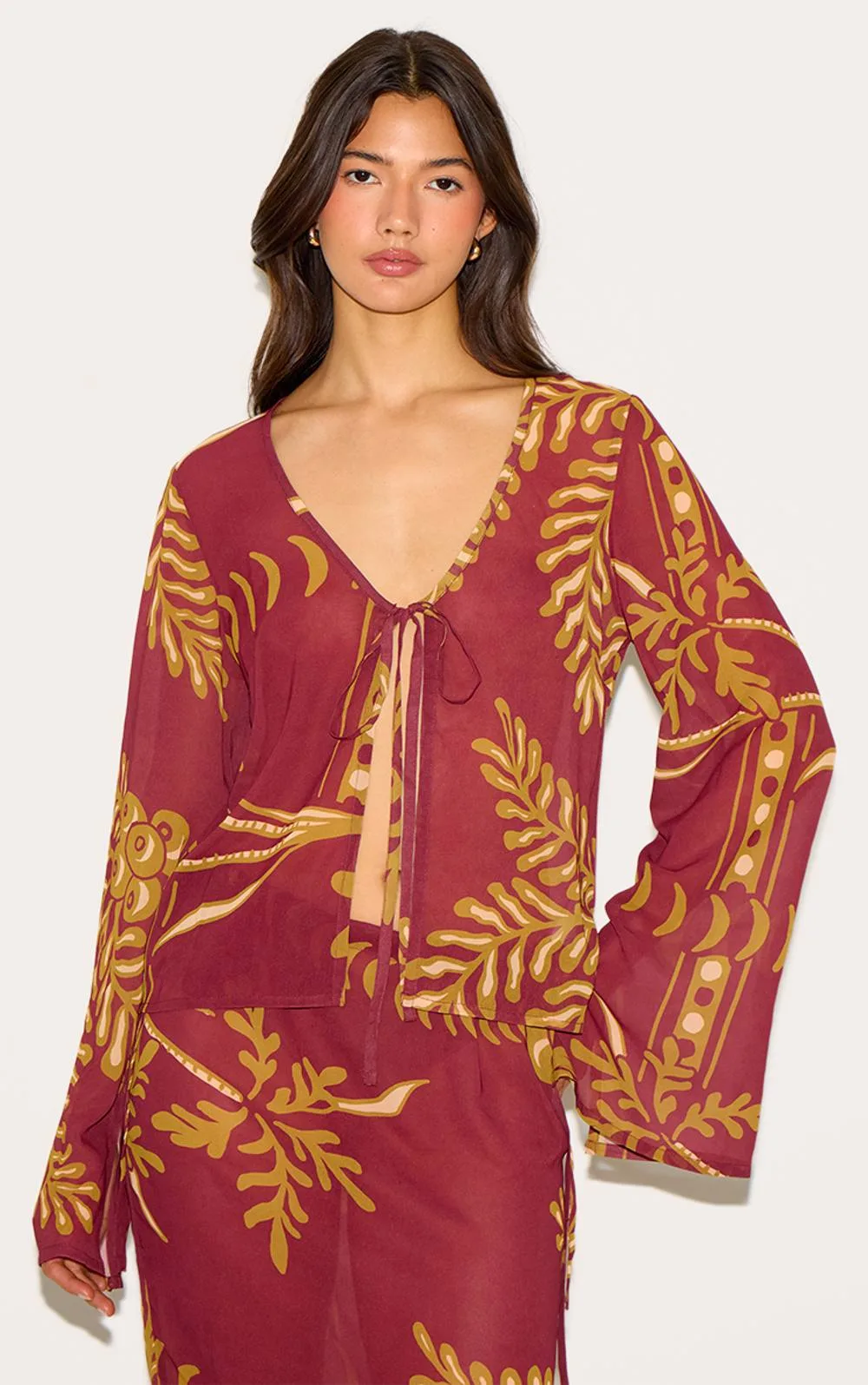 Sheer Floral Long Sleeve Tie Front Top Co-Ord
