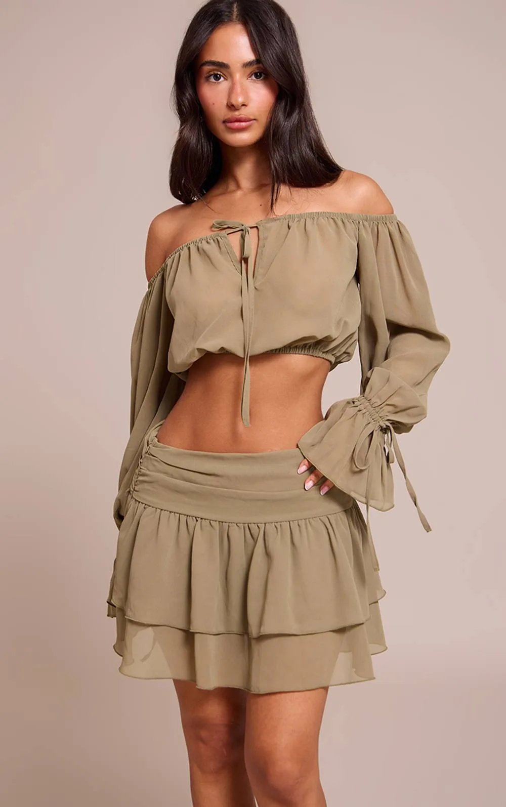 Ruched Elasticated Bardot Top Co-Ord by PrettyLittleThing